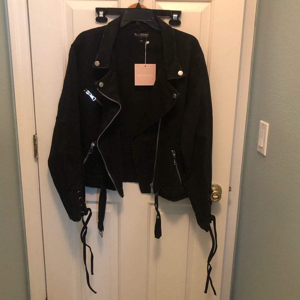 Kittenish Black Jean Moto Jacket with Lace-Up Sleeves